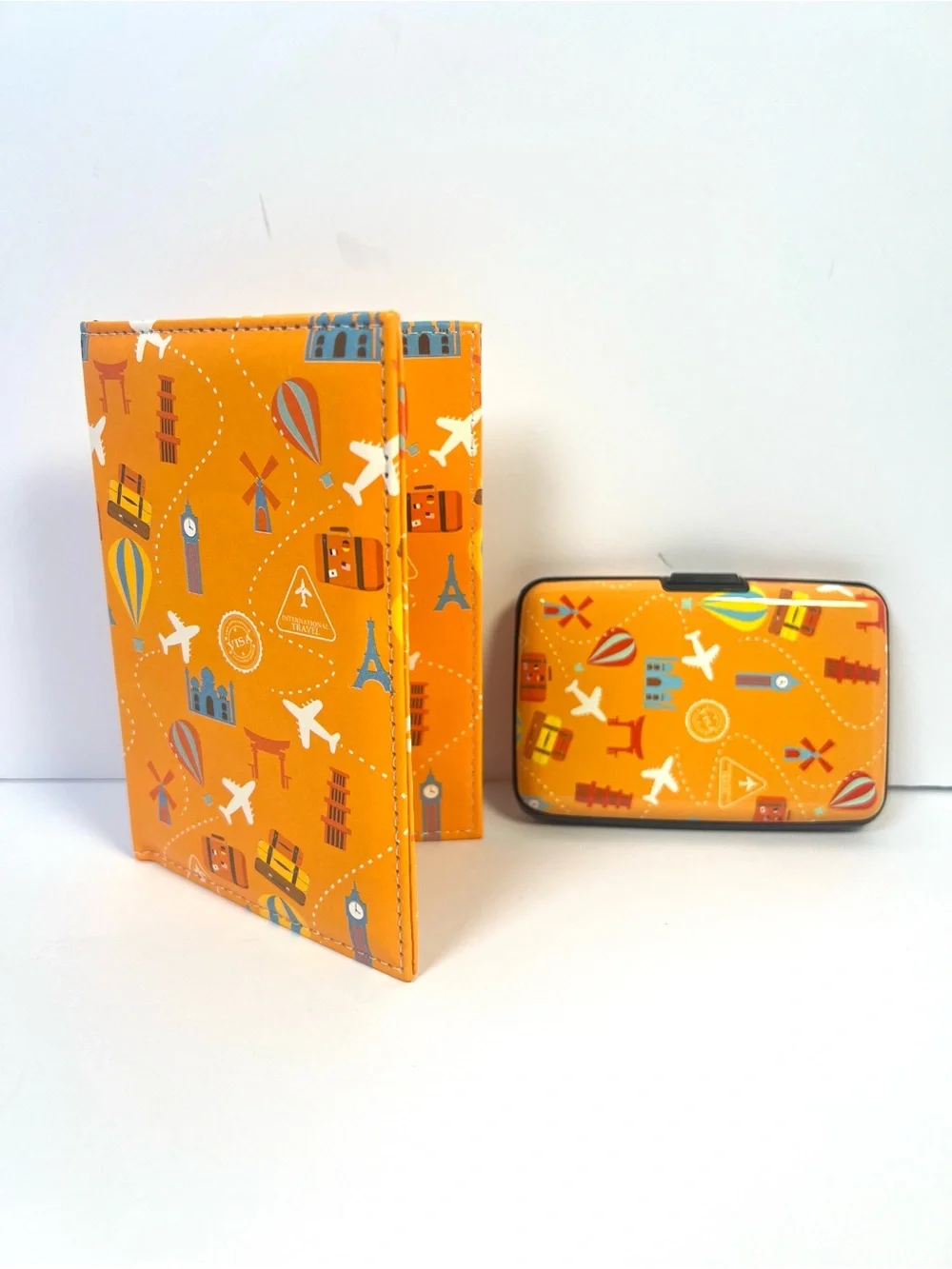 Orange Passport Holder &Metal RFID Card Holder Wallet Travel NWOT